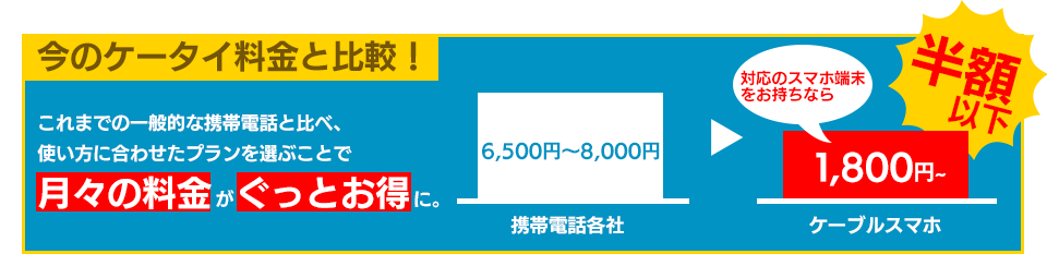 今の携帯料金と比較！　これまでの一般的な携帯電話と比べ、使い方に合わせたプランを選ぶことで月々の料金がぐっとお得に。