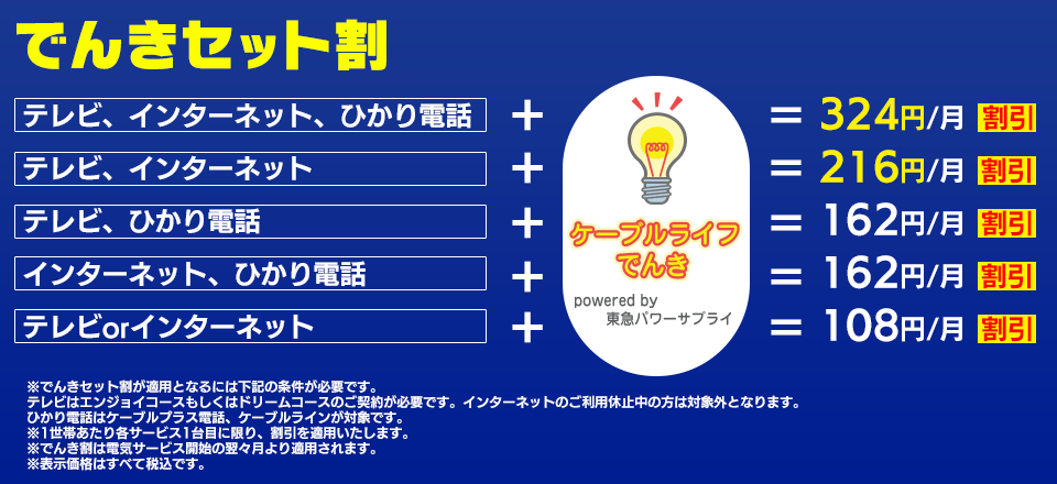 でんきセット割 テレビ、インターネット、ひかり電話とセットで最大324円/月 割引！!