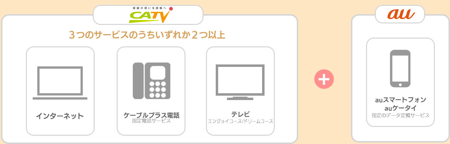 ケーブルテレビ、3つのサービスのうちいずれか2つ以上とau指定のデータ定額サービスご加入で！ ※割引金額は対象料金サービスによって異なります。