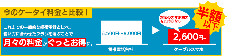 今の携帯料金と比較！　これまでの一般的な携帯電話と比べ、使い方に合わせたプランを選ぶことで月々の料金がぐっとお得に。